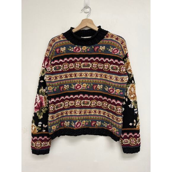Vintage Handknitted Express Tricot Floral Stripes Chunky Cottage Sweater Medium - Picture 10 of 10